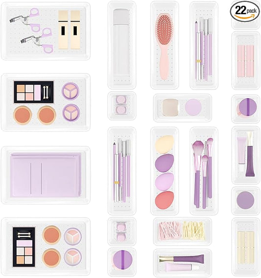 22 PCS Clear Drawer Organizer Set, 4-Size Vanity and Desk Drawer Organizer Trays with Non-Slip Silicone Pads, Plastic Storage Bins for Makeup, Jewelry, Bathroom, Office, Fridge, Kitchen-NeatNest
