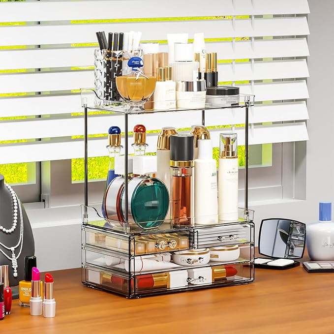 Yieach Bathroom Counter Organizers and Storage,Clear Acrylic Makeup Organizers with Drawers for Vanity,Bedroom,Plastic Skincare Organizer for Dresser Top Beauty,Cosmetic,Lotion and Perfume Organizer-NeatNest