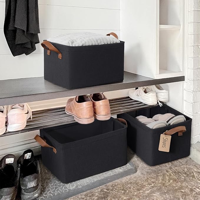 CHICVITA Black Storage Bins Shoe Basket for Entryway, Closet Toy Storage Bins with Handles for Kids, Small Laundry Basket, 14 ¾" L x 10 ¼" W x 8 ¼" H, 2-Pack-NeatNest