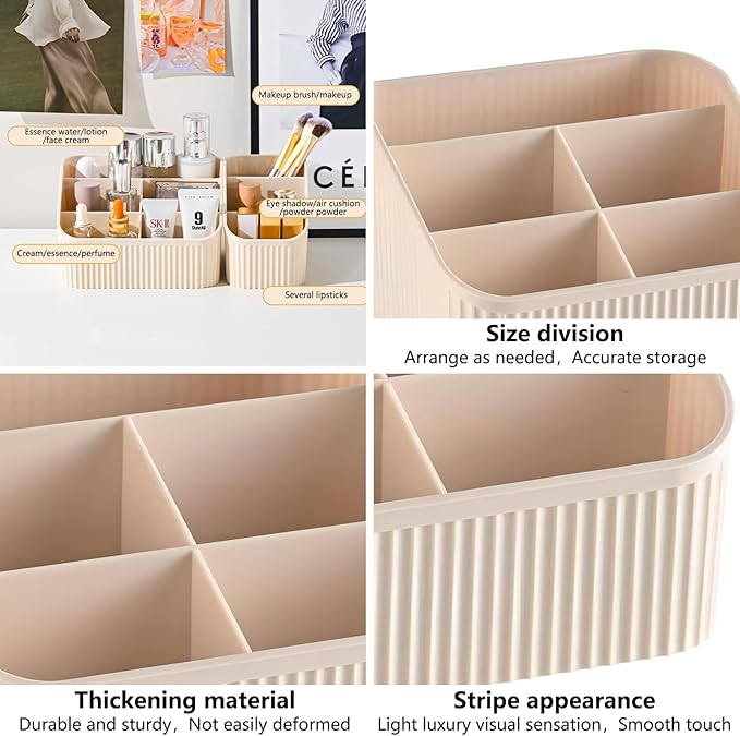 DASITON Large Capacity Makeup Brush Holder,5 Slot Makeup Brush Cup,Vintage striped Make Up Brush Holder,for Vanity Decor,Bathroom Countertops,Desk Storage Container,Cosmetic Display cases(Cream)-NeatNest
