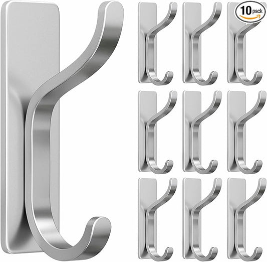 10-Pack Adhesive Wall Hooks for Hanging: Modern Silver Hooks Hold 13 LB, Sticky Wall & Door Hanger for Coats, Shower Towel, Bags, Backpack, Bathroom & Kitchen Utensils, Stainless, Metal