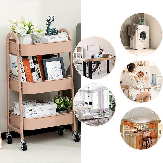 AGTEK Makeup Cart, Movable Rolling Organizer Cart, 3 Tier Metal Utility Cart with Lockable Wheels for Home & Office, Milk Tea-NeatNest