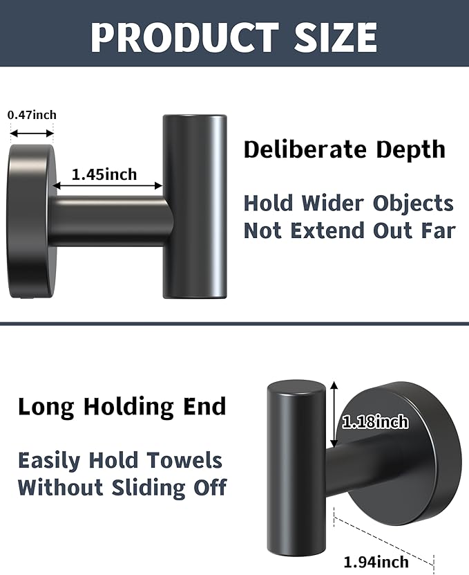 Black Bathroom Towel Hook, Coat Robe Clothes Hook for Kitchen Garage Wall Mounted 2 Pack, 304 Stainless Steel, Heavy Duty Door Hanger, Cabinet Closet Wall Hook for Hotel Pool (Matte Black)