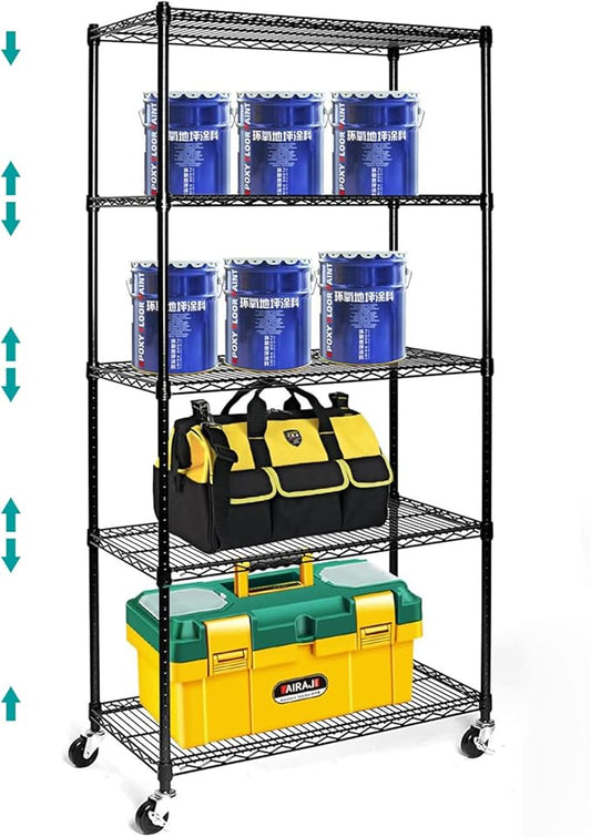 5 Tier Wire Shelving Unit, Adjustable Metal Storage Rack, Mobile Wire Shelves for Kitchen, Laundry, Bathroom, Pantry, Closet Organization (17.7" D x 35.5" W x 71" H, Black)