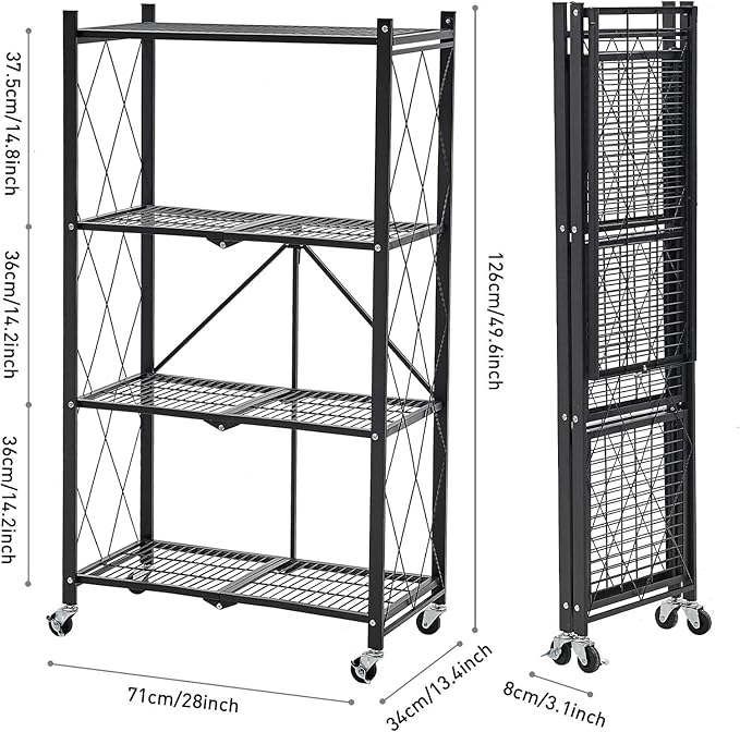 BRIAN & DANY Folding Shelf, Storage Racks and Shelving Units on Wheels, Metal Foldable Storage Shelves No Assembly for Garage, Kitchen(4 Tier)-NeatNest