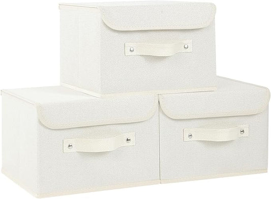 Fabric Storage Bins Cube Organizers with Flip-Top Lid and Handles,Storage Boxes for Organizing Home,Office,and Closet,Beige,3 Pack 10.2 X 7.9 X 6.7 in-NeatNest