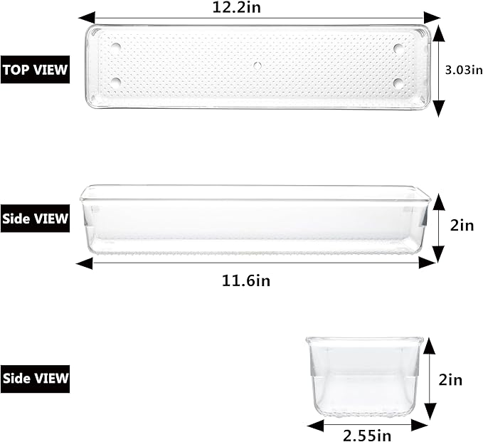 ihomecooker 6 Set Clear Plastic Junk Drawer Organizer Vanity Curlery Utensil Makeups Organizer for Kitchen 12'' X 3''-NeatNest