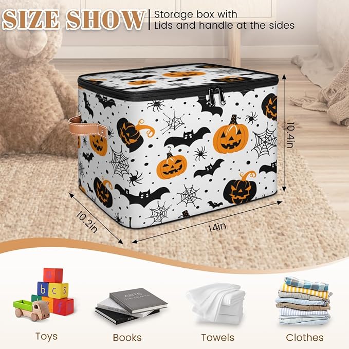 Halloween Pumpkin Storage Bins with Lids, Spiders Bat Fabric Storage Boxes with Zipper, Collapsible Decorative Closet Organizer Cube for Clothes,Organizing, Shelves-NeatNest
