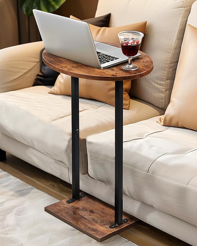Eufrozy Small Side Table for Small Spaces, 24 inch Wooden Round End Table with Fabric Basket, Wood Accent Table for Couch Sofa Drink Sidetable Living Room Bedroom Rustic