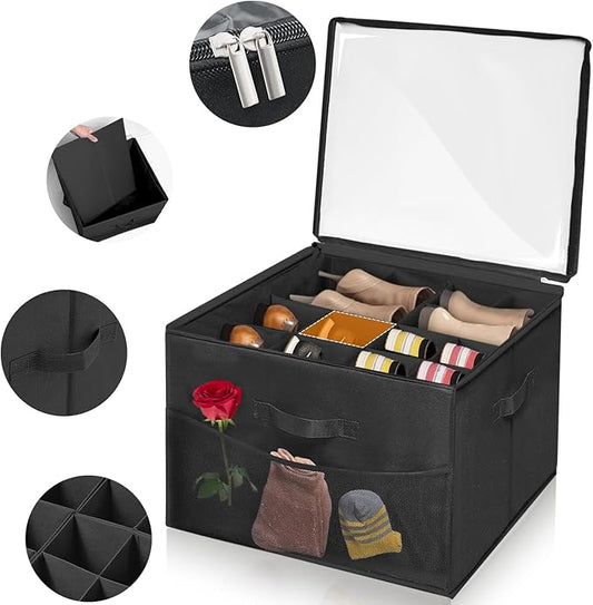 16 Pairs Shoe Organizer Storage for Closet, Foldable Shoe Dividers for Storage Bins with w/Adjustable Dividers Clear Shoe Box Containers, Black-NeatNest