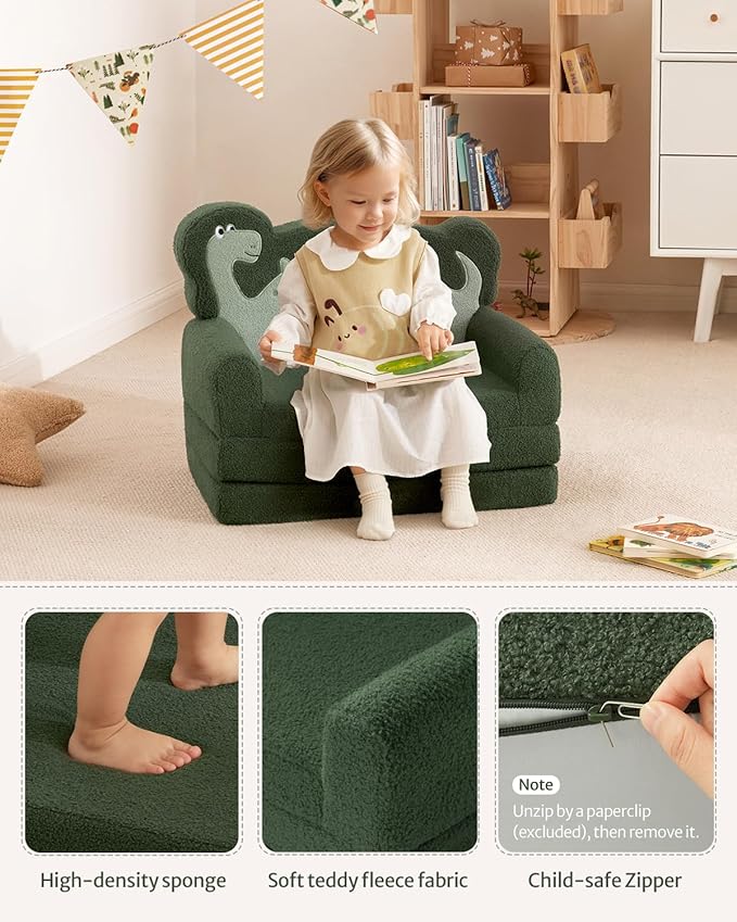 Blissful Diary Kids Couch, 2-in-1 Soft Toddler Couch Fold Out, Toddler Chair Comfy, Convertible Sofa to Lounger, Kids Furniture for Playroom, Gift for Birthday, Children's Day, Green Dinosaur-NeatNest