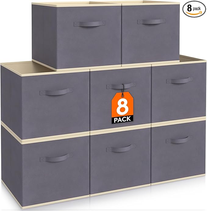 Lifewit 11 Inch Cube Storage Bins, Storage Cubes Foldable Medium Decorative Fabric Storage Baskets for Organizing Home Organizers with Handles for Shelves, Closet, Set of 8, Grey-NeatNest