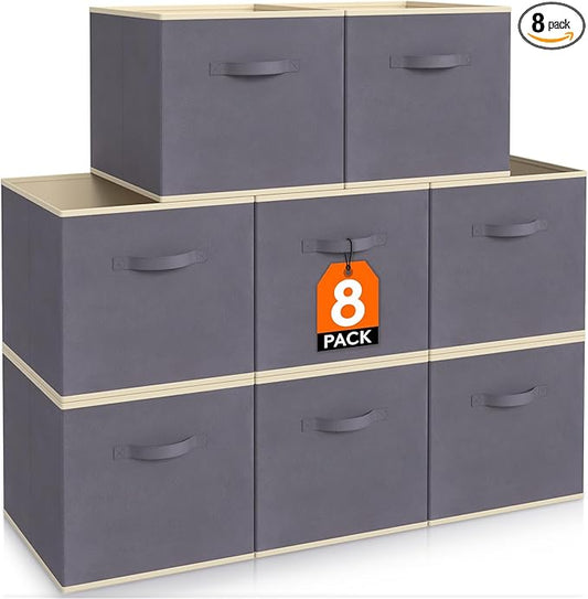 Lifewit 13 Inch Cube Storage Bins, Storage Cubes Foldable Medium Decorative Fabric Storage Baskets for Organizing Home Organizers with Handles for Shelves, Closet, Set of 8, Grey-NeatNest