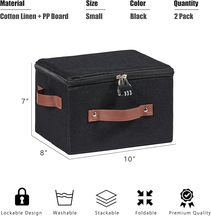 2PCS Storage Bins Boxes with Zipper Lid Combination Lock PU Leather Handles Cotton Linen Fabric Lidded Lockable Baskets Foldable Washable Closet Shelf Organizer Container (Black, Small)