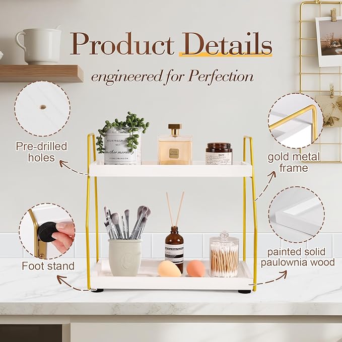 DWTS Bathroom Counter Organizer,Coffee Bar Accessories,2 Tier Bathroom Organizers and Storage Countertop Organizer,Ideal for Makeup Organizers,Perfume Organizers,VanityOrganizer(White/Gold)