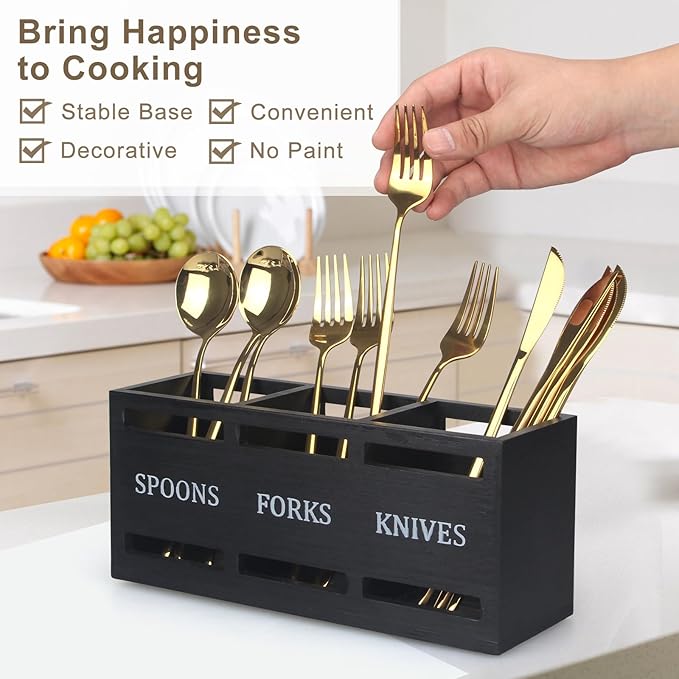 Ayiaren Wooden Silverware Caddy Flatware Cutlery Holder Wood Silverware Organizer Containers Small Black Kitchen Utensil Holder for Countertop Spoon and Fork Holder Flatware Utensils Caddy for Party-NeatNest