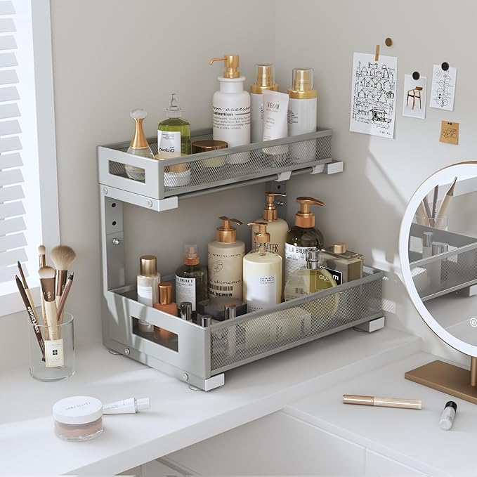 1 Pack-11.4"-16.14" H Under Sink Storage Organizer, Large 2-Tier Elegant Mesh Pull Out Shelf for Kitchen & Bathroom Cabinet Organization, L-Shaped, Adjustable Height-Gun Gray-NeatNest