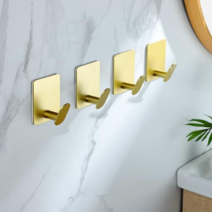 DELITON Gold Towel Hooks- 4 Pack Adhesive Hook for Coat Robe Clothes Stick on Bathroom Wall Brushed Gold Finish Heavy Duty, Stainless Steel-NeatNest
