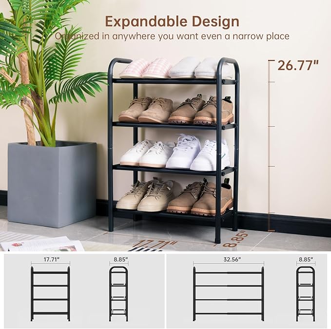 Gonfoam 4-Tier Expandable Shoe Rack,Adjustable Shoe Shelf Storage Organizer Heavy Duty Metal Free Standing Shoe Rack for Entryway Closet Doorway (Black)-NeatNest