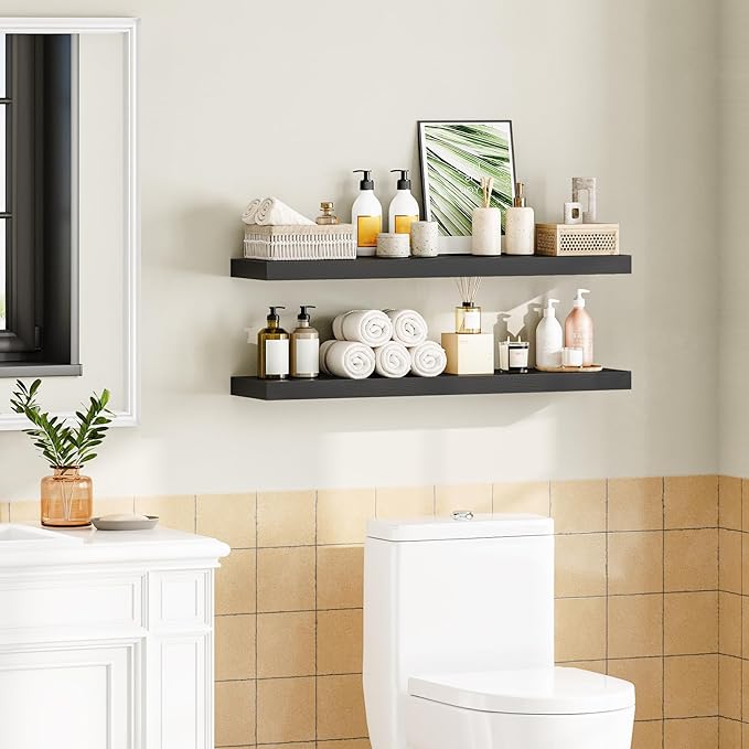 HOOBRO Floating Shelves for Wall, Wall Mounted Shelf Set of 2, 39.4" Hanging Shelf with Invisible Brackets, for Wall in Bathroom, Bedroom, Toilet, Kitchen, Livingroom, Office, Black BK100BJP201-NeatNest