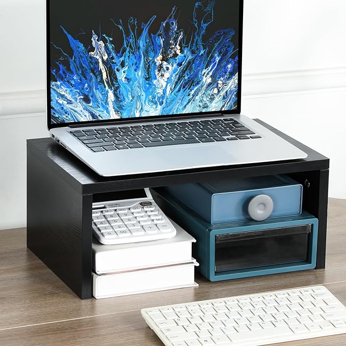 TEAMIX 14.2 inch Monitor Stand Riser, Wood Monitor Riser with Storage for Desk Small Monitor Stand TV/Screen/PC/Laptop Riser Computer Stand Desktop Shelf (Black-Higher)-NeatNest