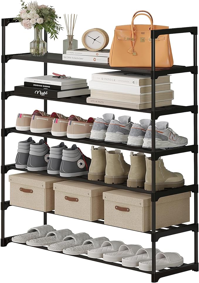Calmootey 6-Tier Shoe Rack, Tall Large Capacity 30 Pairs Shoes Storage Organizer, Stackable Wide Shoe Shelf for Entryway, Hallway, Black-NeatNest