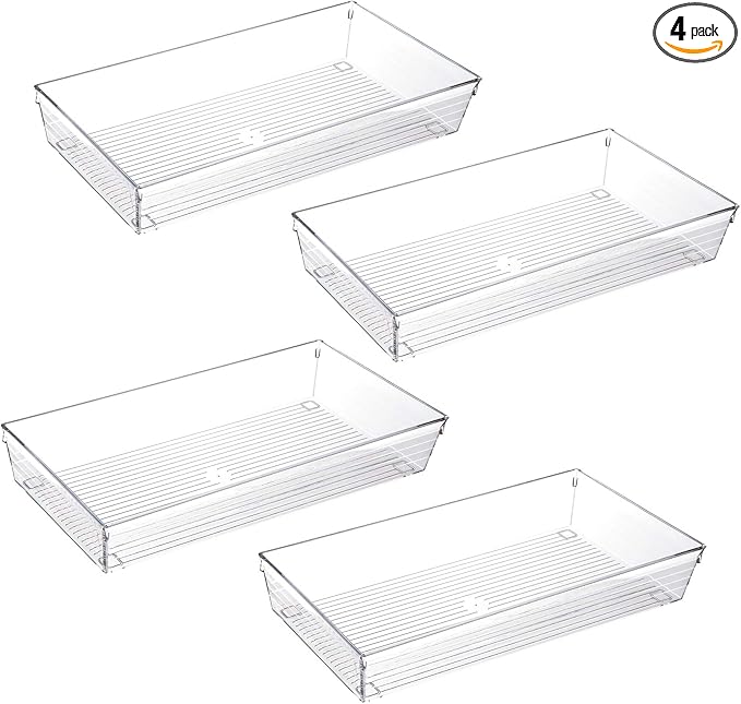 4 Pack 12"x 6" Large Size Clear Plastic Desk Drawer Organizer Tray Bathroom Office Kitchen Utensils Silverware Gadgets Dividers Desk Drawer Storage Bins Container for Dresser Cosmetic Makeup-NeatNest