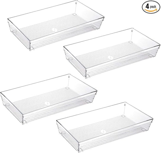 4 Pack 12"x 6" Large Size Clear Plastic Desk Drawer Organizer Tray Bathroom Office Kitchen Utensils Silverware Gadgets Dividers Desk Drawer Storage Bins Container for Dresser Cosmetic Makeup-NeatNest