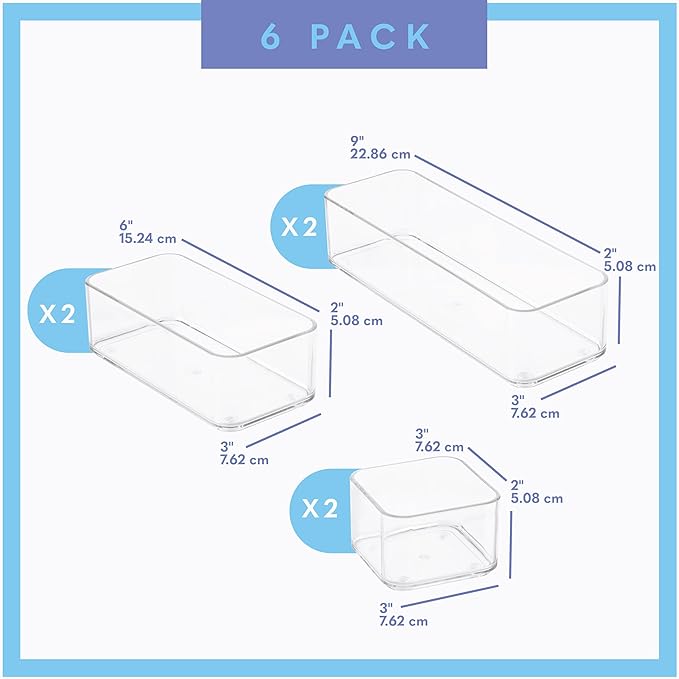 Six Pieces. Plastic Clear Drawer Organizers for Bathroom, Kitchen, Bedroom, Office. Organizer Bins, Storage Trays. Heavy Duty, Stackable, Non-Slip. 3 Sizes-NeatNest