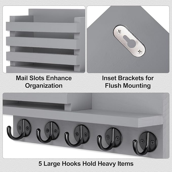 Key Holder for Wall – Decorative Wooden Mail Holder and Key Shelf with Mounting Hardware, Installation Guide – Paulownia Wood with 5 Metal Key Hooks (11.8” x 6.7” x 2.8”)