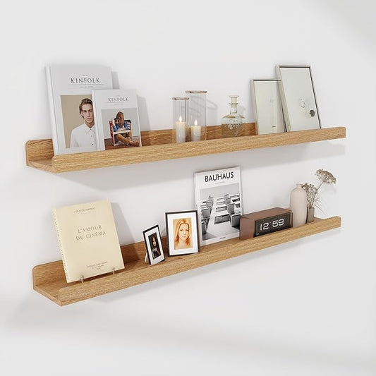 Floating Shelves for Wall 36 Inch | Picture Ledge Shelf Set of 2 | Solid Ash Wood Floating Shelves with Lip | Natural Wood Picture Shelf for Wall with Ledge | Photo Ledge Shelves-NeatNest