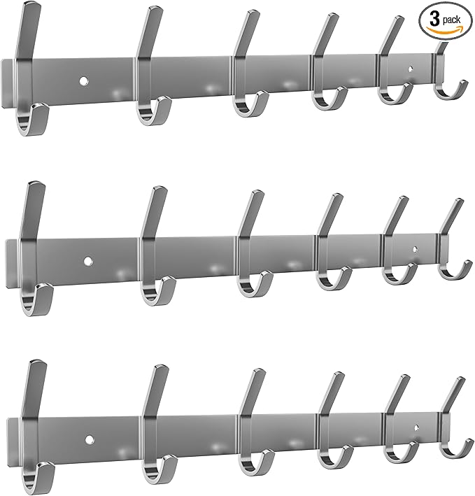 Coat Rack Wall Mount – Brushed Nickel 17 Inch Stainless Steel Hook Rail with 6 Heavy Duty Double Coat Hooks – Wall Mounted Coat Hanger for Entryway, Bathroom, Bedroom, Towel, Hat Organizer - 3 Pack-NeatNest