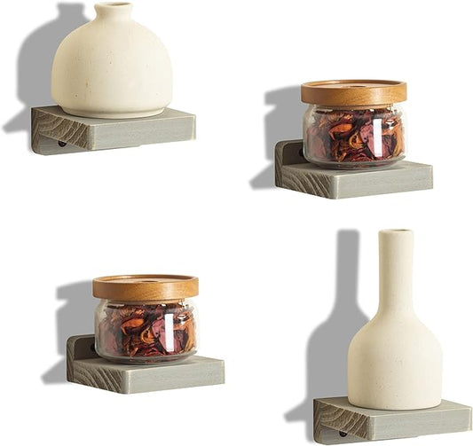 Freezing point Small Floating Shelf for Wall Set of 4 Natural Wood 4Inch Mini Wall Shelves Decor Plant Display Collectibles Mounted Kitchen Bathroom Bedroom Corner Decorative Storage Tiny Stand Grey-NeatNest