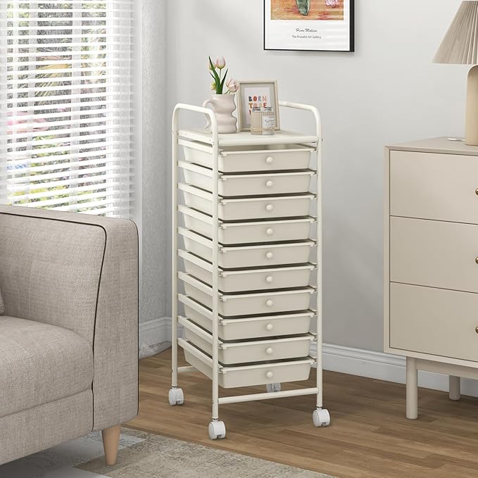 COSTWAY 10-Drawer Rolling Storage Cart, Utility Mobile Trolley with Removable Drawers & Universal Casters & 2 Brakes, Versatile Flexible Drawer Organizer Cart for Home, Office, White-NeatNest