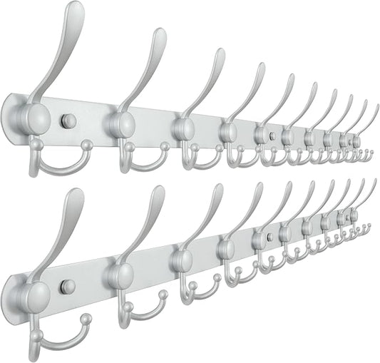 Dseap Coat Rack Wall Mount - 38” Long 10-Tri-Hooks Heavy Duty Coat Hanger Rail Wall Hooks for Hanging Coats Hats Clothing Clothes Purse Mudroom Entryway, Silver, Pack of 2-NeatNest