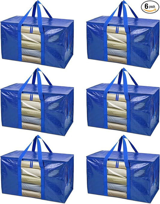 BALEINE 6-Pack Oversized Moving Bags with Reinforced Handles, Heavy-Duty Storage Tote Moving Supplies for Packaging, Camping (Blue w/Window, 6-Pack)-NeatNest
