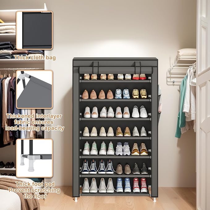 Laiensia 7-Tier Vertical Shoe Rack Organizer, Space Saving Shoe Storage Organizer, Non-Woven Cover Shoe Shelf Holds 28-35 Pairs for Bedroom, Hallway, Closet Entryway, Grey-NeatNest