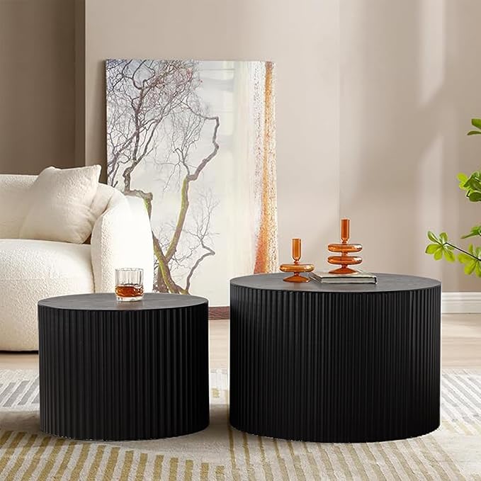 Nesting Coffee Table Set of 2 Wood Circle Drum Coffee Tables Set Contemporary Fluted Coffee Table Round Wooden Coffee Tables for Living Room & Small Space (Black, 18.9 +14.9in)