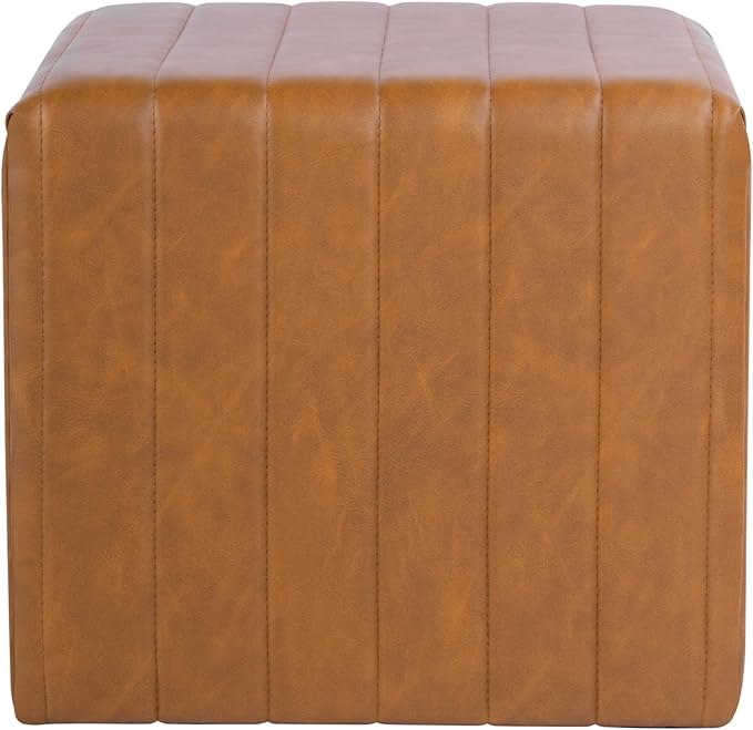 HomePop Modern Channel Tufted Faux Leather Ottoman Home Décor|Ottoman for Living Room & Bedroom - Carmel Brown