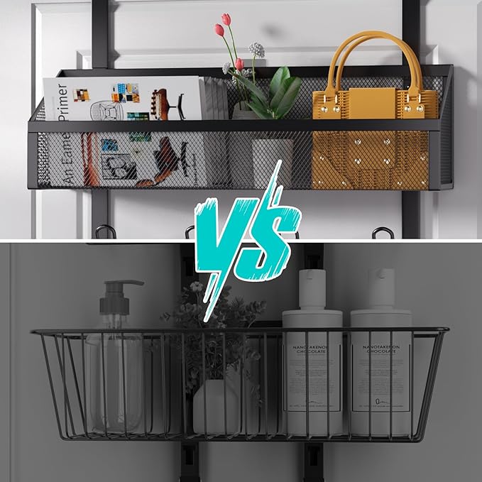 Over The Door Hooks Organizer with 12 Hooks, Over The Door Storage Rack with Mesh Basket,Back of Door Storage Organizer Over The Door Hanger for Bedroom,Bathroom,Kitchen, Pantry, Black