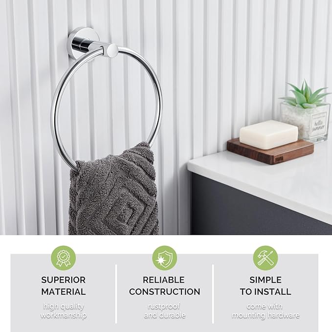 Bath Towel Ring Chrome, Angle Simple Stainless Steel Hand Towel Holder, Round Towel Hanger Heavy Duty, Wall Mounted