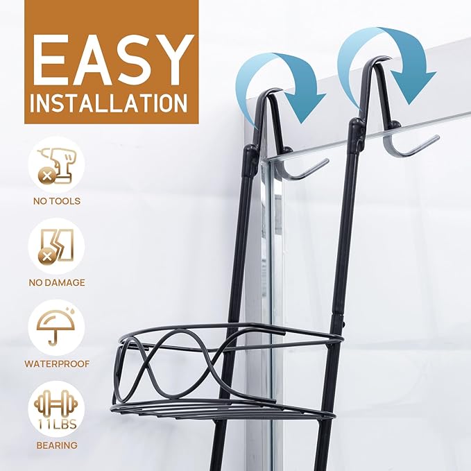 LEVERLOC Over The Door Shower Caddy, Shower Hanging Organizer Sturdy Rust Proof Bathroom Shelves with Strong Suction Cup and Reliable Hooks, Bath Basket Storage Rack, Metal Black-NeatNest