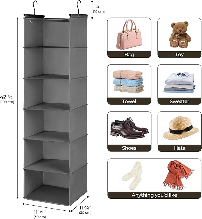 GRANNY SAYS 6 Shelf Hanging Closet Organizers and Storage, Collapsible Closet Hanging Organizer with 2 Sturdy Hooks, Large Hanging Shelves for Closet, Bedroom, Dark Gray-NeatNest