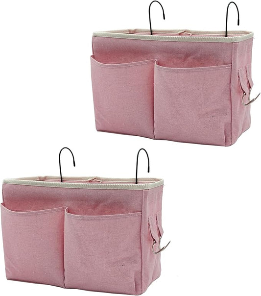 2-Pack Bedside Caddy Bedside Hanging Storage Basket Multi-Function Organizer Caddy for Bunk and Hospital Beds Dorm Rooms Bed Rails, Can be Placed Glasses Books Mobile Phones（2 pcs pink）-NeatNest