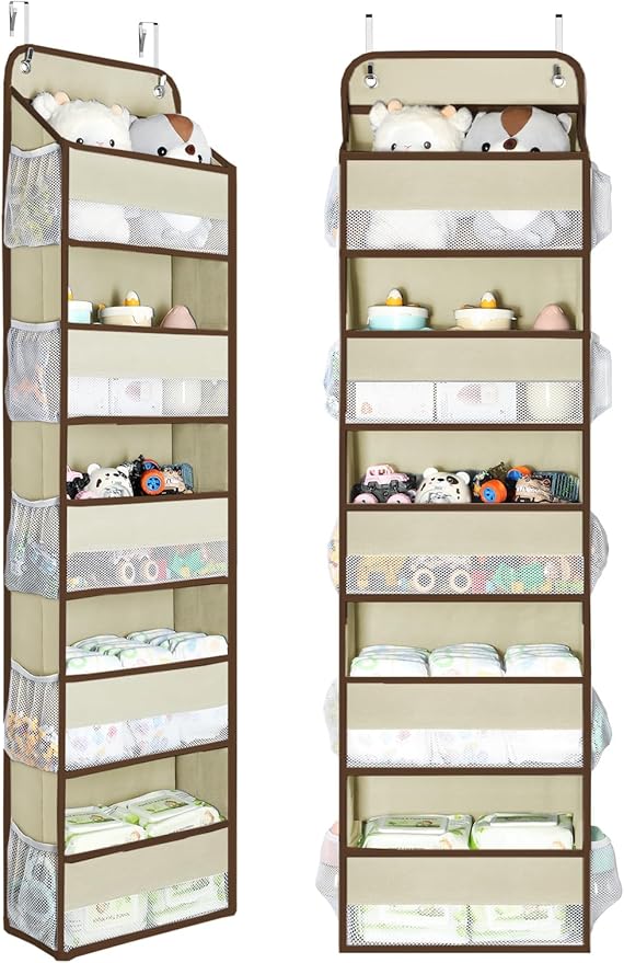 Yecaye 2 Pc Over the Door Organizer with 5 Bins 10 Side Pockets, 44lbs Load Hanging Bathroom and Bedroom Organizer, behind the Door Hanging Organizers for Nursery Newborn Baby Essential Stuff Beige-NeatNest