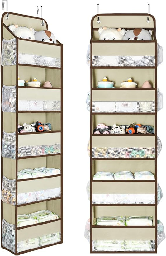 Yecaye 2 Pc Over the Door Organizer with 5 Bins 10 Side Pockets, 44lbs Load Hanging Bathroom and Bedroom Organizer, behind the Door Hanging Organizers for Nursery Newborn Baby Essential Stuff Beige-NeatNest
