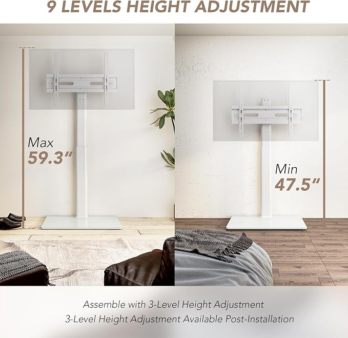 AX WABER Universal Floor TV Stand with Mount 70 Degree Swivel 9 Level Height Adjustable and Space Saving Design for Most 27 to 65 inch LCD, LED OLED TVs, Perfect for Corner & Bedroom White AX1006TW