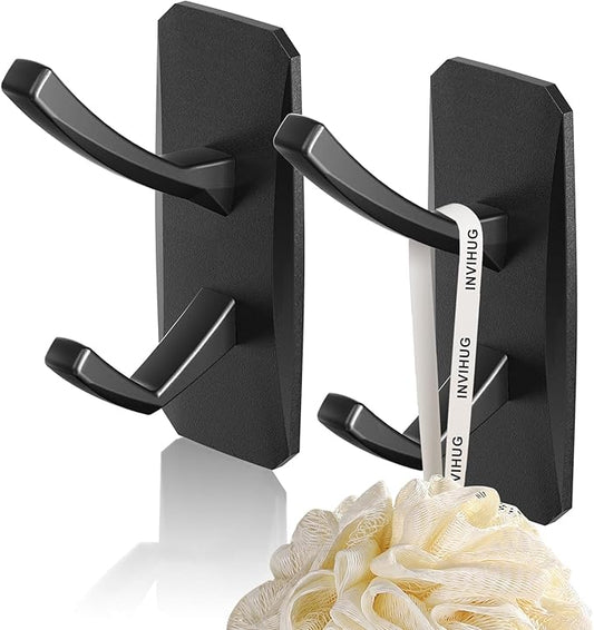 INVIHUG, Large Size Modern Adhesive Wall Hooks, Heavy Duty RV Hooks for Hanging Jacket, Coat, Towel, Robe, Loofah in Bathroom, Kitchen, Rv and Office Wall Mount (2 Packs, Black)