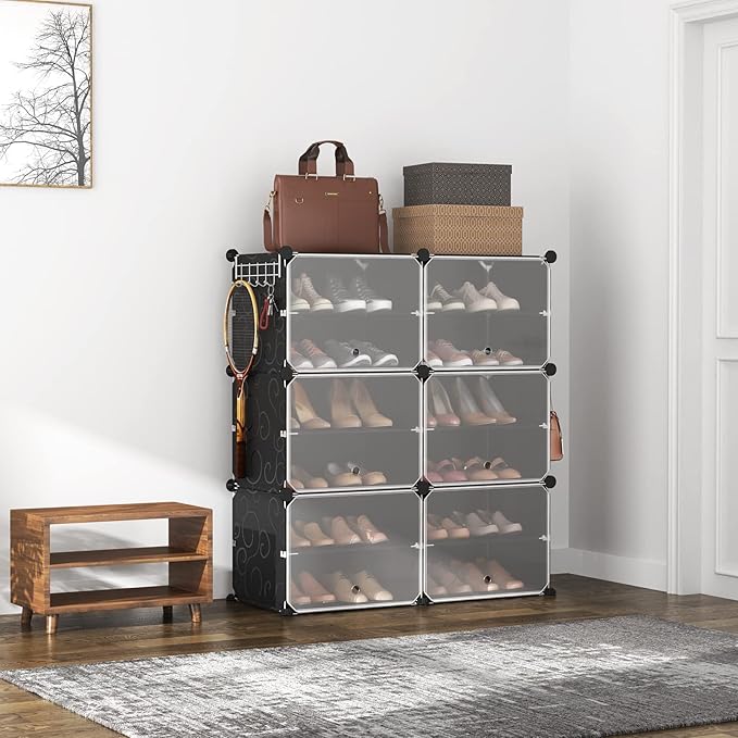 ROJASOP Portable Shoe Rack Organizer 6-Tier Shoe Cabinet 24-Pair shoe Storage Expandable Free Standing Stackable Space Shoe Rack with 2 exclusive Versatile Hooks for Bedroom Black-NeatNest