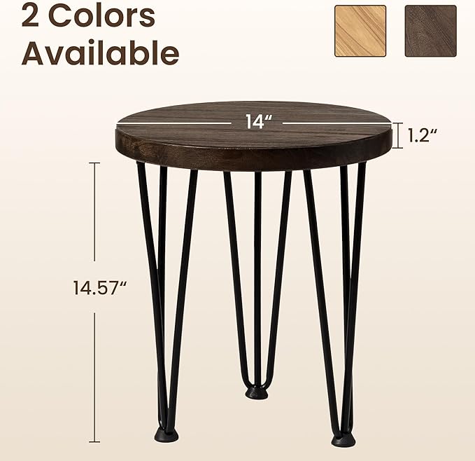 Fun Memories Round Coffee Table - Elm Wood Nesting Table with Metal Legs & Non Slip Feet Base - Rustic Nesting End Tables for Living Room Bedroom - 14" D x 14" W x 16" H - Walnut Color